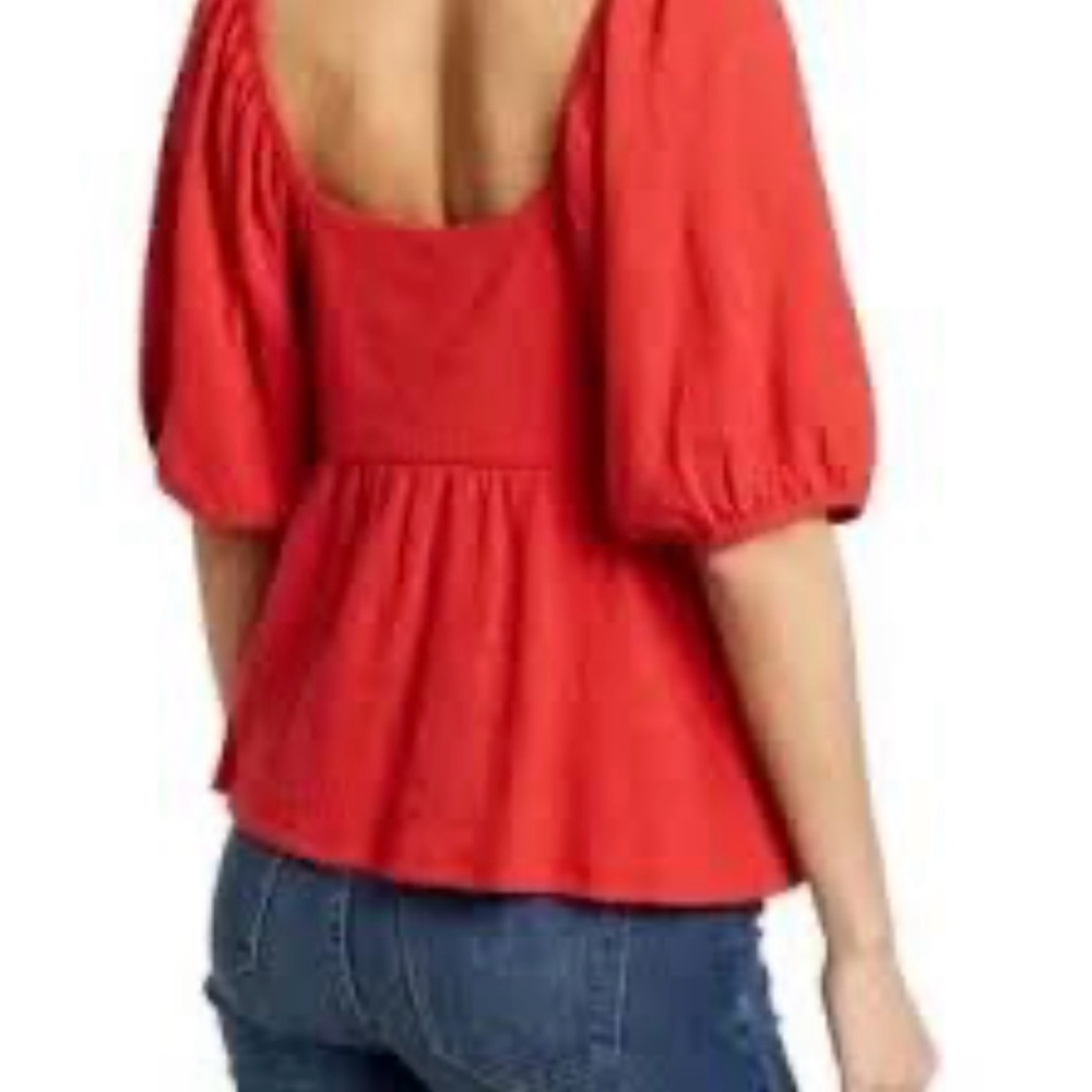 MADEWELL Red Square Neck Puffy Sleeve Babydoll Top | Size Medium - Picture 2 of 11